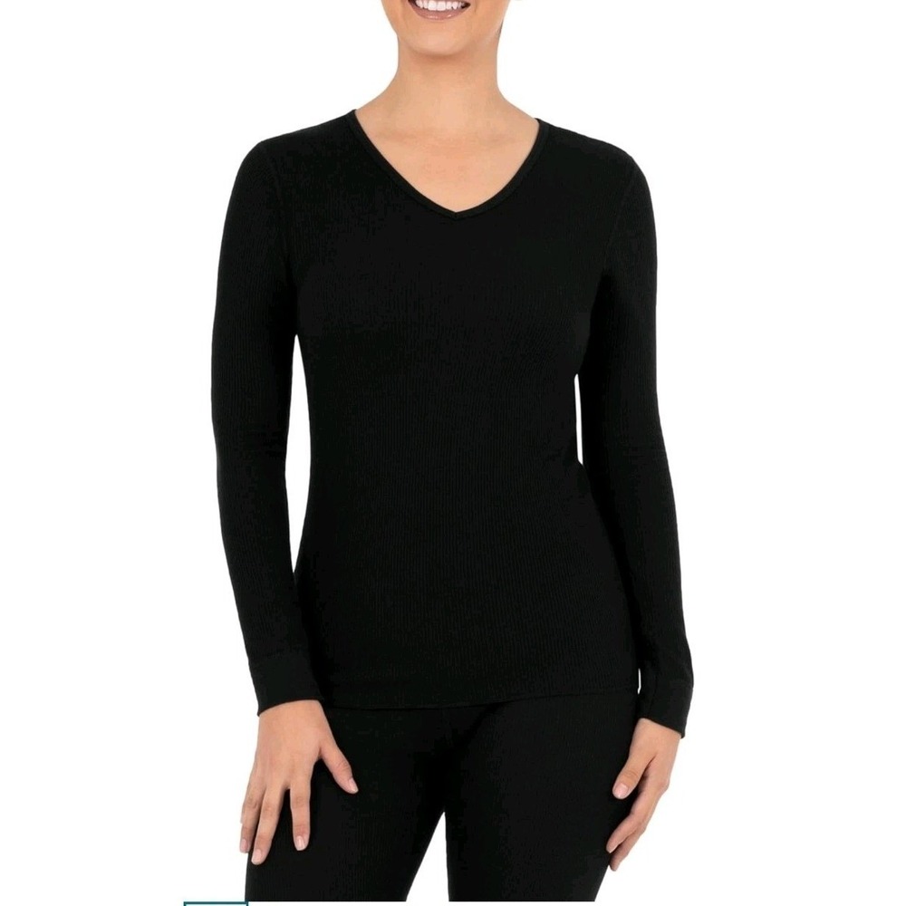 Fruit of the Loom Women's Micro Waffle Thermal V-Neck Size Small Black